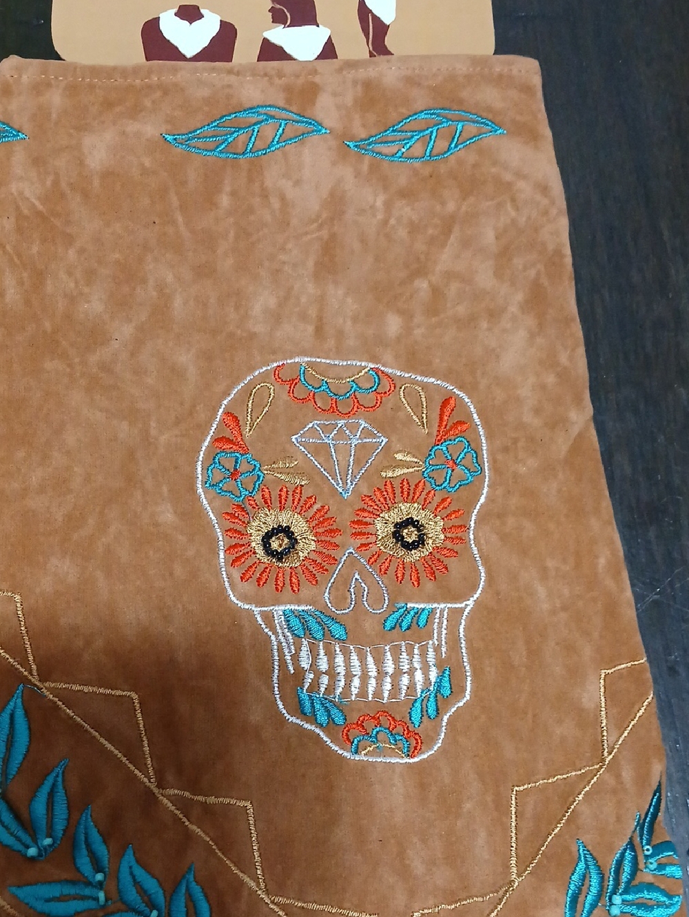 Embroidered Sugar Skull Suede Scarf- Turquoise & Orange
